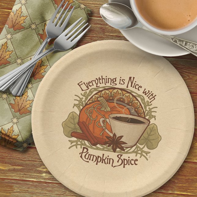 Plato De Papel Placas Fiestas de café de especias de calabaza (Pumpkin Spice Coffee Party Plates-Shown with the Coordinating Cloth Napkins from the Collection.)