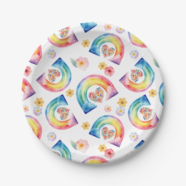 Plato De Papel Placas Fiestas de color arcoiris floral (Anverso)