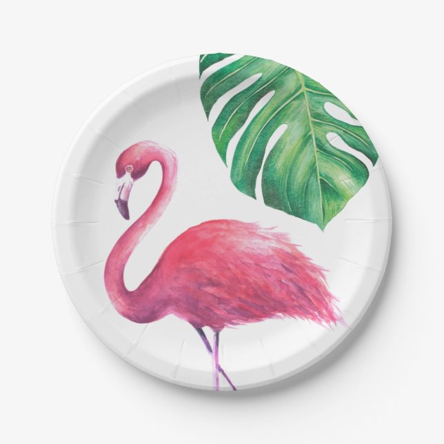 Plato De Papel Placas Fiestas de flamencos y hojas tropicales (Anverso)