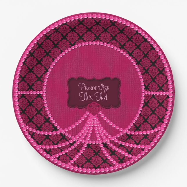 Plato De Papel Placas Fiestas de papel-Damasco-Perla rosada (Anverso)