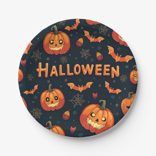 Plato De Papel Placas Fiestas de patrones de Halloween (Anverso)