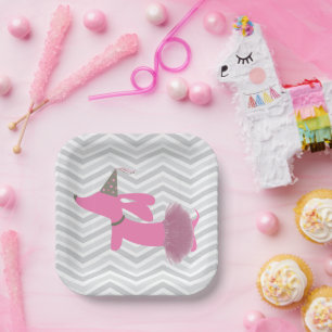 Plato De Papel Placas Fiestas De Perro Dachshund Pink Wiener