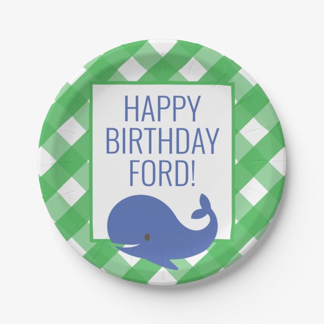 Plato De Papel Placas Fiestas personalizadas de Gingham Whale (Anverso)