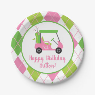 Plato De Papel Placas Fiestas personalizadas de golf rosa y verde