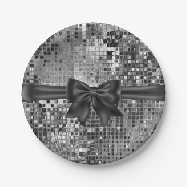 Plato De Papel Placas Fiestas Silver Sequin y Black Bow (Anverso)