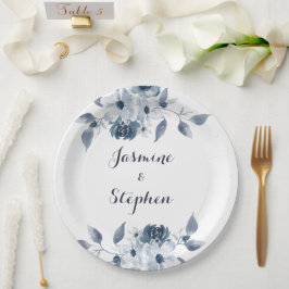 Plato De Papel Placas florales azules personalizares