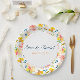 Plato De Papel Placas florales de color amarillo y rosa cálidos