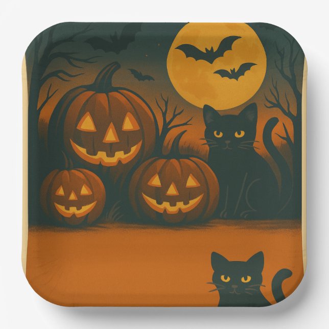 Plato De Papel Placas Halloween Black Cat & Pumpkin - (Anverso)