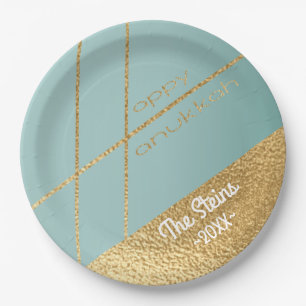 Plato De Papel Placas Hanukkah Turquoise y Gold Paper