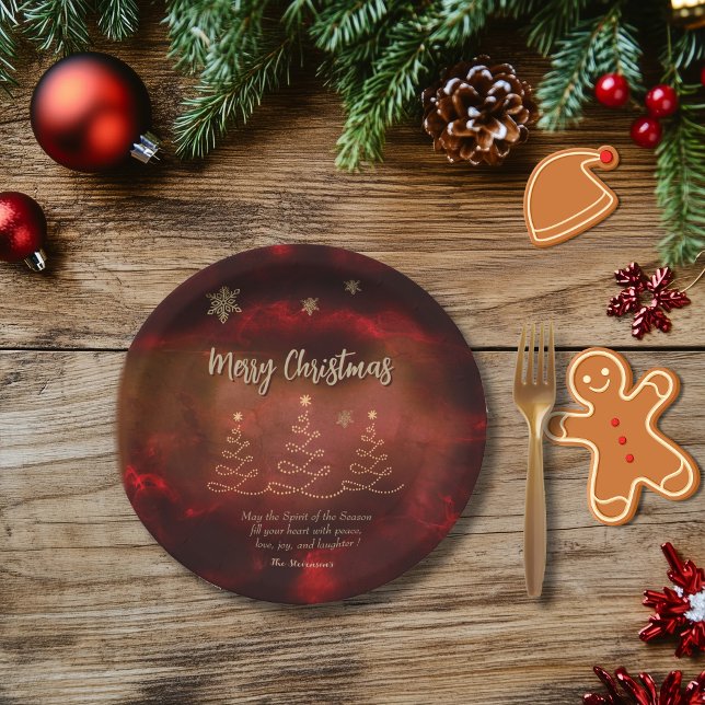 Plato De Papel Placas modernas de papel de árbol de Navidad de or (Modern Red Gold Christmas Tree Paper Plates)