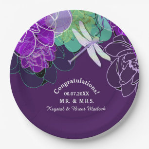Plato De Papel Placas modernas de papel floral de la libélula mor