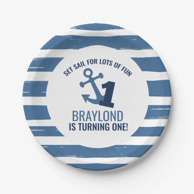 Plato De Papel Placas náuticas de papel para el primer cumpleaños (Anverso)