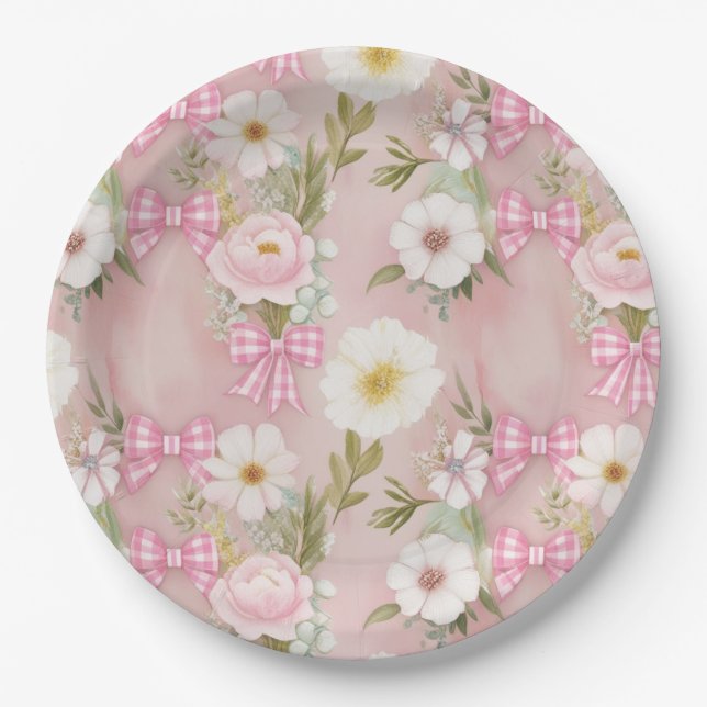 Plato De Papel Placas picnicas - Flores y arcos de Gingham (Anverso)