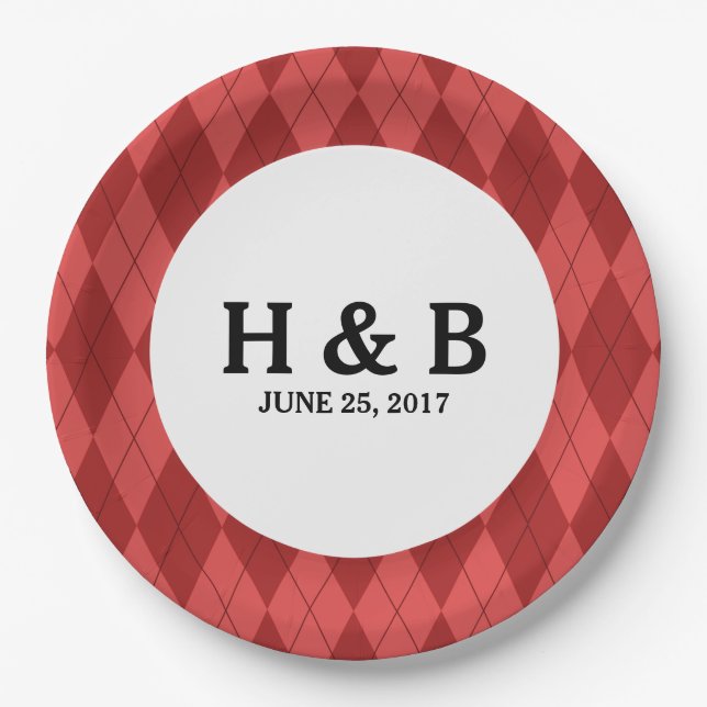 Plato De Papel Placas rojas de papel Boda Argyle (Anverso)