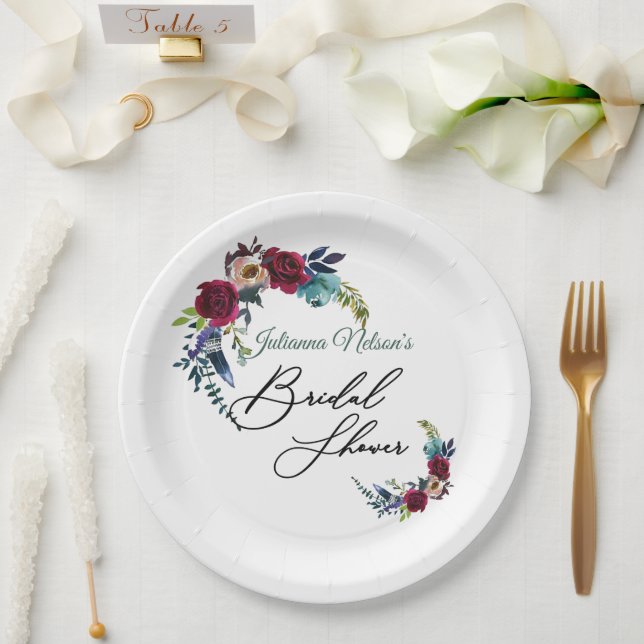 Plato De Papel Placas rojas de papel floral de boho (Boda)