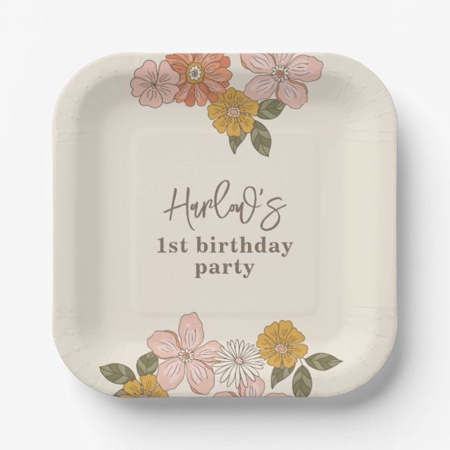 Plato De Papel Placas simples Fiestas florales retro (Anverso)