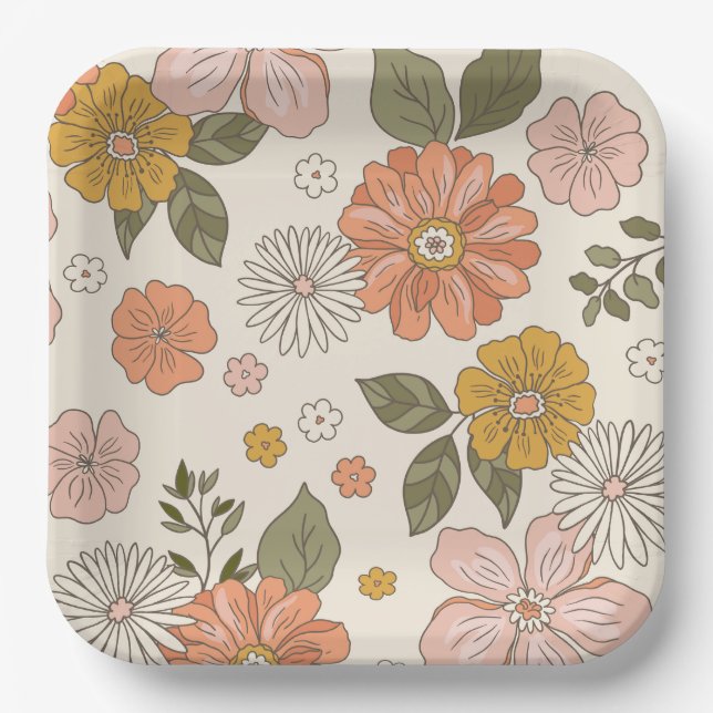 Plato De Papel Placas simples Fiestas florales retro (Anverso)