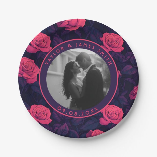 Plato De Papel Placas Únicas De Aniversario Rosa Para Boda De Ver (Anverso)