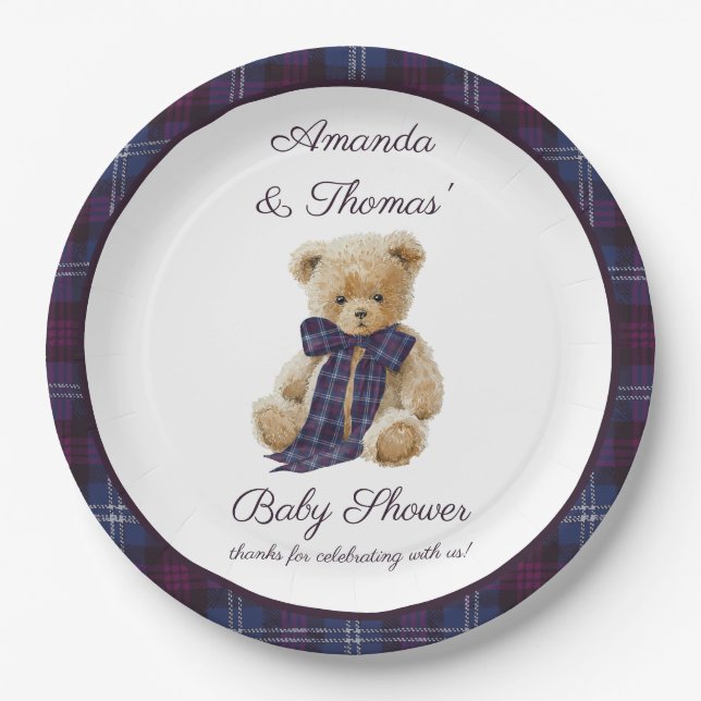 Plato De Papel Plaid Bear Themed Baby Shower  (Anverso)
