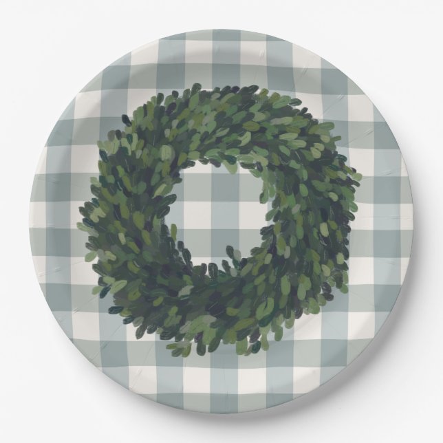 Plato De Papel Plaid Boxwood Wreath Farmhouse Style Fiesta de mod (Anverso)