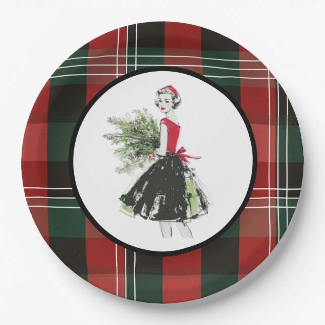 Plato De Papel Plaid Christmas Plate in Retro (Anverso)