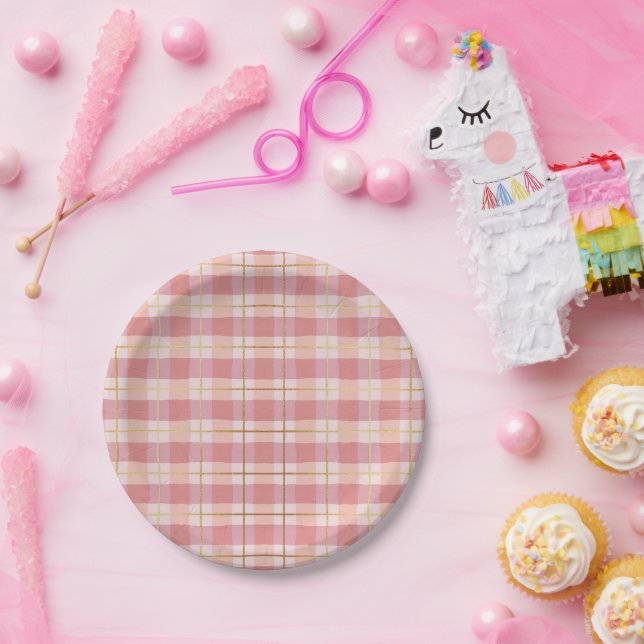 Plato De Papel Plaid de Búfalo con Hojas de Oro y Rosa (Fiesta)
