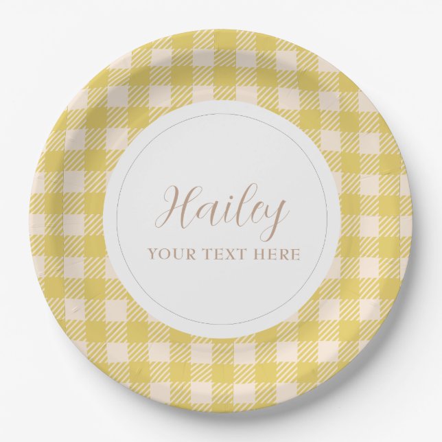Plato De Papel Plaid de cuadros vichy amarillo suave Fiesta (Anverso)
