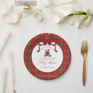Plato De Papel Plaid de Navidad con lazo rojo alegre