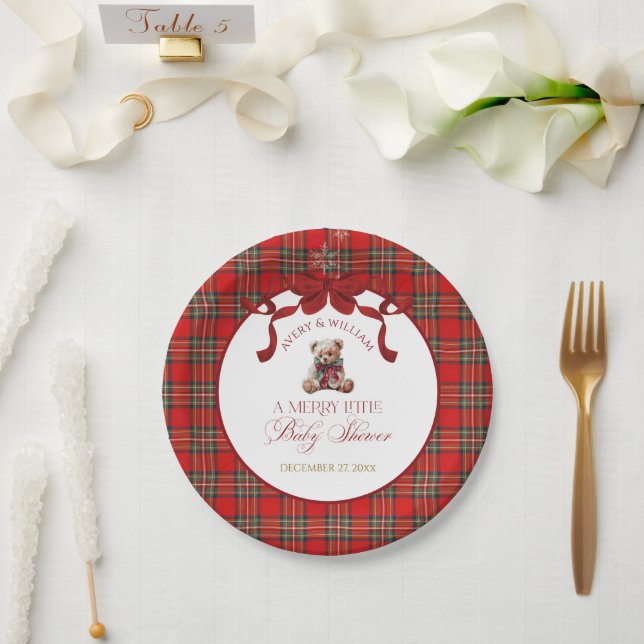 Plato De Papel Plaid de Navidad con lazo rojo alegre  (Boda)