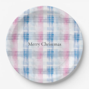 Plato De Papel Plaid Navidad Rayas Azul Rosa Blanco