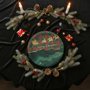 Plato De Papel Plaid Rojo Verde Santa Trineo Feliz Navidad