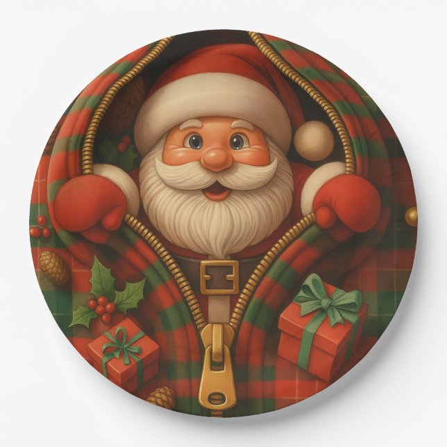 Plato De Papel Plaid Santa Claus Christmas Design  (Anverso)