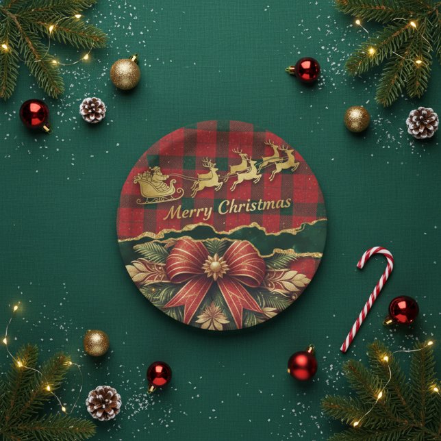 Plato De Papel Plaid Santa Sleigh  Wreath Merry Christmas Gold (Subido por el creador)