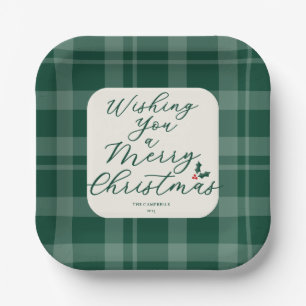 Plato De Papel Plaid Verde Oscuro Deseándote una Feliz Navidad