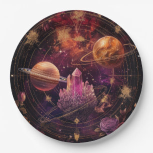 Plato De Papel Planeta Floral Cósmico Nebulosa Púrpura Espacio