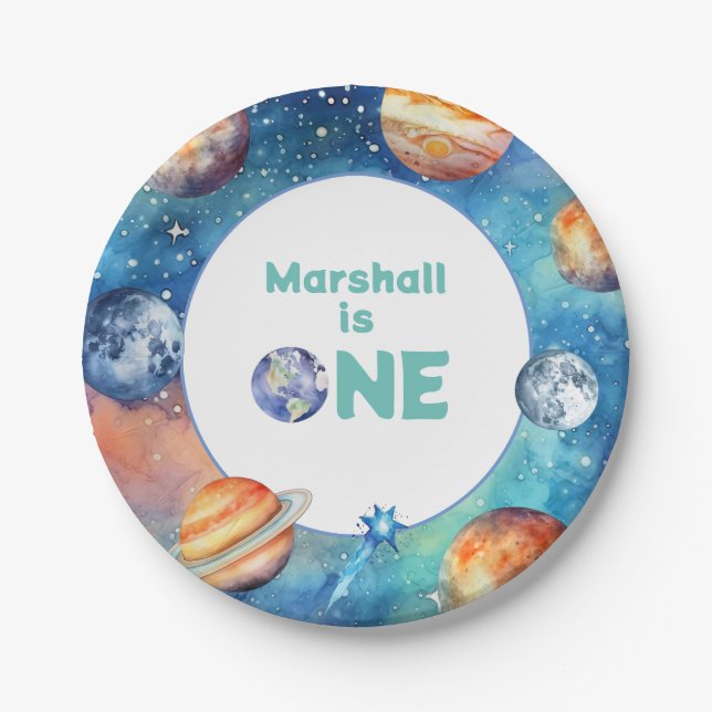 Plato De Papel Planetas de galaxia de la primera fiesta de cumple (Anverso)