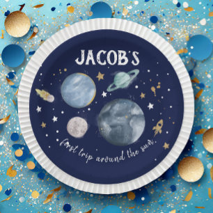 Plato De Papel Planetas del espacio exterior Galaxy Gold Blue Boy