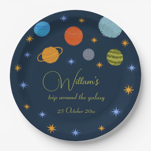 Plato De Papel Planetas espaciales Galaxy Stars Boy Baby Shower (Anverso)