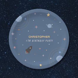 Plato De Papel Planetas y cohetes, placa de papel de cumpleaños e