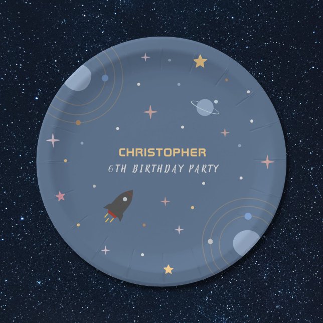 Plato De Papel Planetas y cohetes, placa de papel de cumpleaños e (Planets & Rocket, Outer Space Birthday Paper Plate)