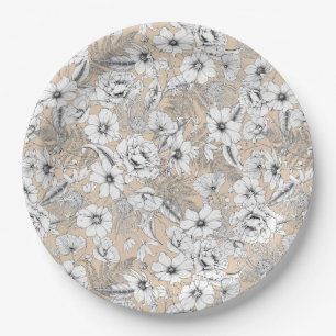 Plato De Papel Plano de línea floral botánica helechos beige