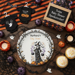 Plato De Papel Planta Baby Shower de mellizos de Halloween - Bruj
