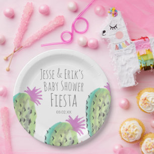 Plato De Papel Plantas de cactus acuarela pintadas a mano Baby Sh