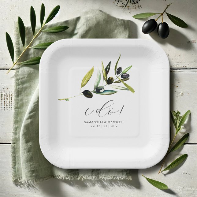 Plato De Papel Plantas mínimas de papel de oliva de vegetación bo (Paper plates weddings simple watercolor olive branch art by Victoria Grigaliunas Do Tell A Belle)