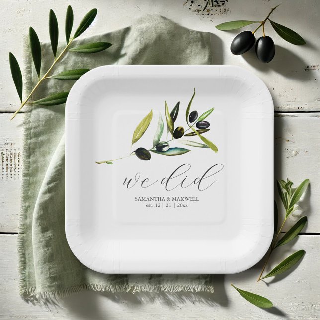 Plato De Papel Plantas mínimas de papel de oliva de vegetación bo (Paper plates weddings minimal olive branch watercolor art by Victoria Grigaliunas Do Tell A Belle)