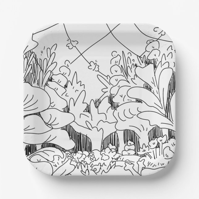 Plato De Papel Plantas y Flores de Arte de Línea Simple Adorable (Anverso)