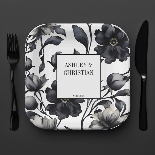 Plato De Papel Plantilla de boda elegante de color blanco y negro (Black and white vintage flowers elegant wedding tableware personalized template paper plates noir)