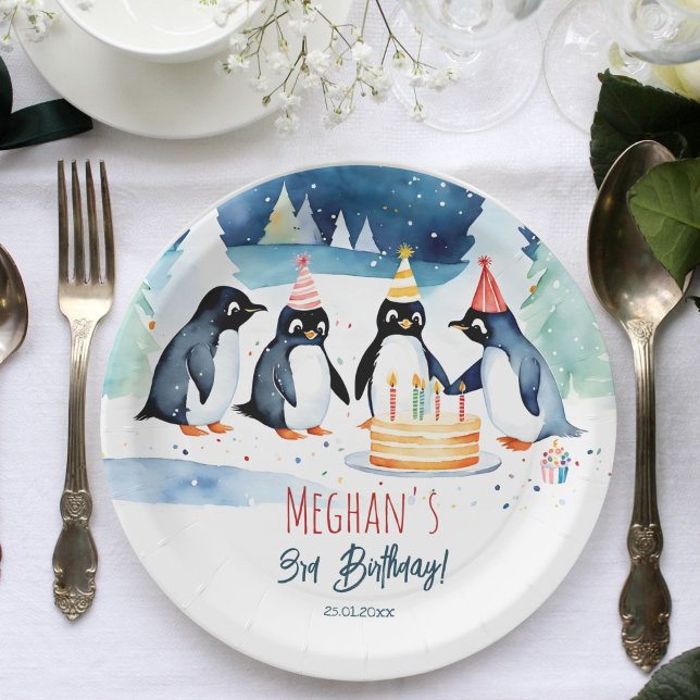 Plato De Papel Plantilla de cumpleaños del Ártico pingüino (Penguin arctic winter birthday party tableware personalized template paper plates cute penguins cake)