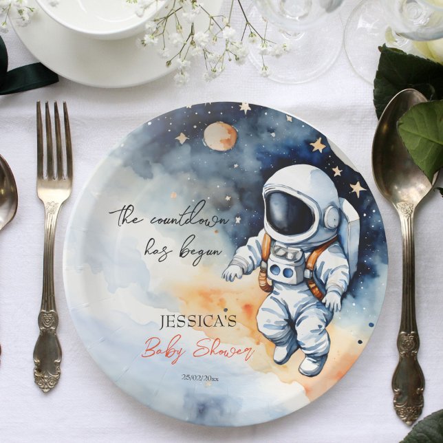 Plato De Papel Plantilla de ducha de bebé astronauta en el espaci (Outer space astronaut baby shower template paper plates personalized baby shower tableware)
