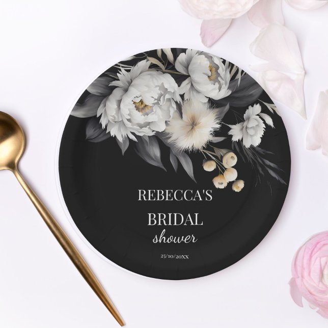 Plato De Papel Plantilla de ducha de novia de moody boho blanco y (Black and white moody boho bridal shower template paper plates personalized bridal shower tableware )